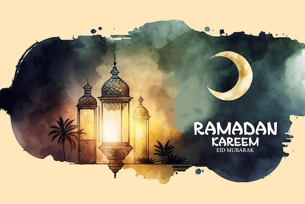 Un cartel de acuarela para ramadan kareem con luna y linternas.