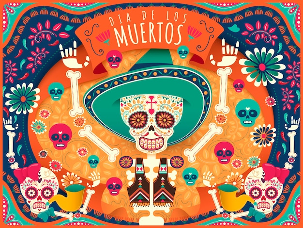 Cartel alegre del Día de los Muertos, esqueleto colorido y calaveras bailando alegremente en tono naranja y turquesa en estilo plano, nombre de la fiesta en español