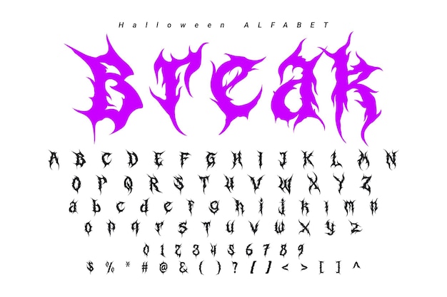 El cartel del alfabeto de las letras de Halloween con el bosque de la noche oscura