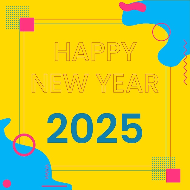 un cartel amarillo con un diseño azul y rosa en él que dice feliz año nuevo