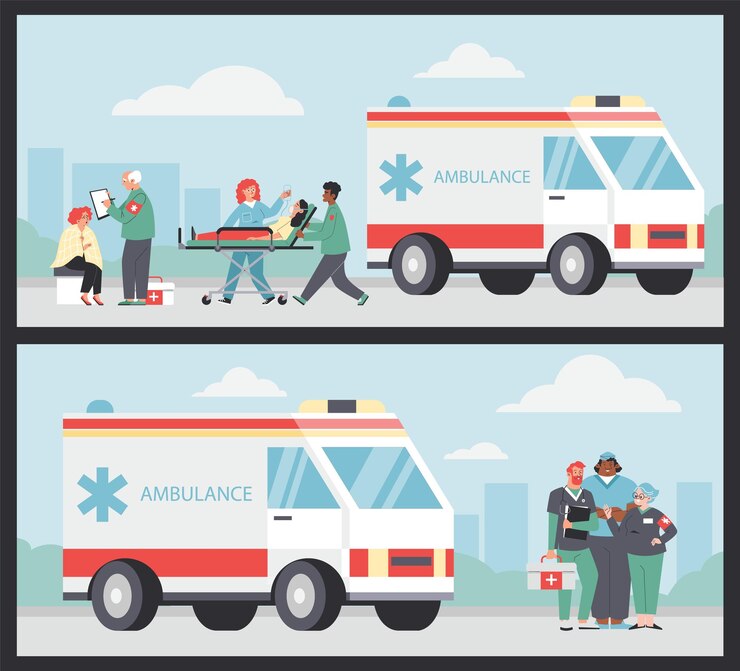 Vector cartel ambulancia paramédicos vector ilustración plana paciente en camilla