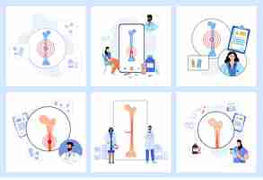 Vector cartel anatómico del conjunto de médula ósea estructura ósea humana y logotipo de la clínica cita con los médicos