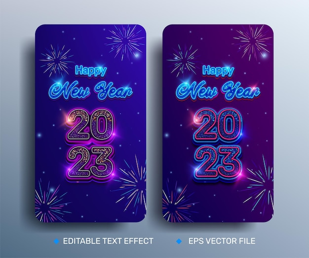 Cartel de año nuevo 2023 para historias de redes sociales efecto de texto de neón editable con fuegos artificiales de semitono