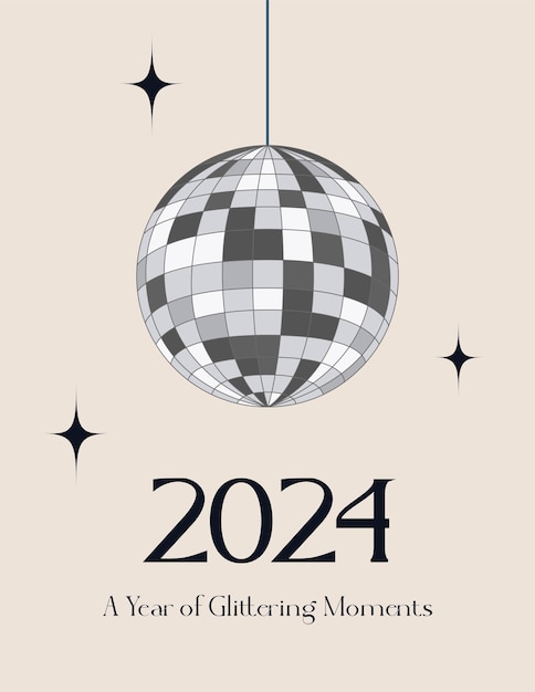 Vector cartel de año nuevo de 2024 invitación a una fiesta con pelota de discoteca