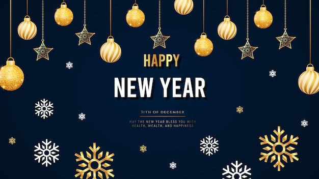 Un cartel de Año Nuevo con estrellas doradas y luces doradas.