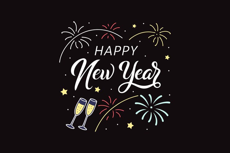 un cartel para el año nuevo con vasos de champán y fuegos artificiales
