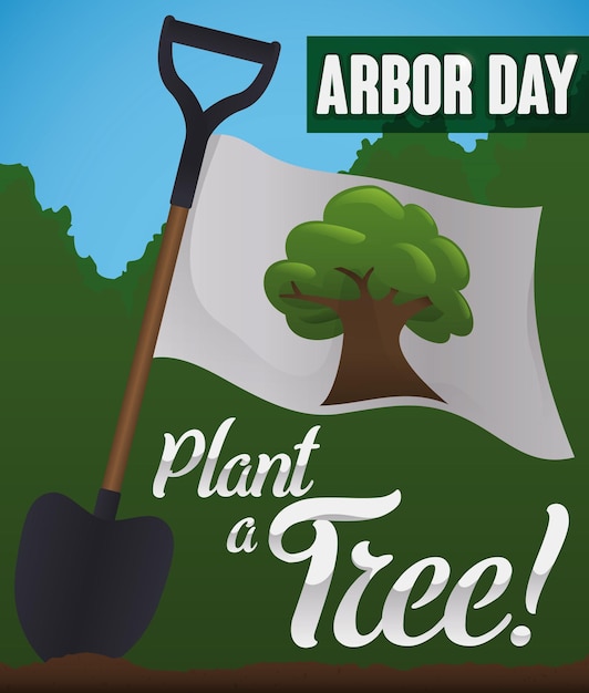 Vector un cartel para apoyar la campaña de plantación de árboles en el día del árbol con una pala y una bandera ondeando con un árbol