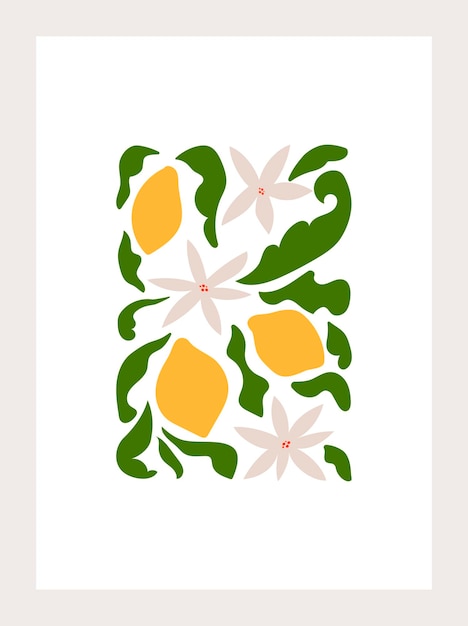 Cartel de arte abstracto botánico con flores de limón y limones plantilla de estampado floral flores dibujadas a mano modernas diseño minimalista trendy