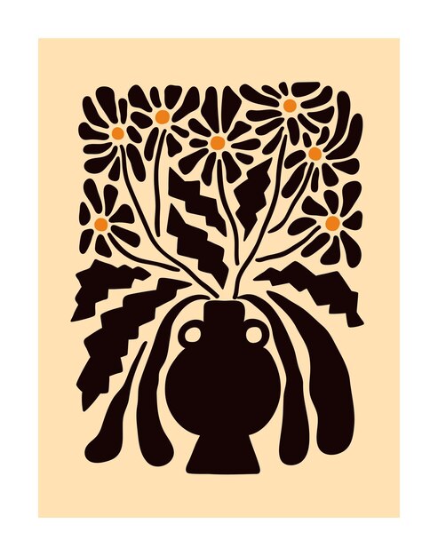 Cartel de arte floral de pared en estilo abstracto moderno Tarjeta natural botánica con flores silvestres de campo en jarrón Ropa de flores salvajes en flor silueta de manzanillas Ilustración vectorial plana