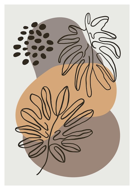 Cartel de arte mural botánico dibujo de línea de follaje tropical con forma abstracta Boho Plan abstracto
