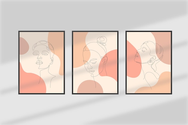 cartel de arte de pared moderno de mediados de siglo conjunto ilustración de mujer de retrato de arte de una línea