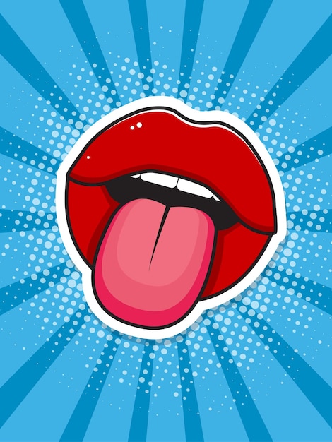 Cartel de arte pop Labios rojos y lengua Ilustración vectorial