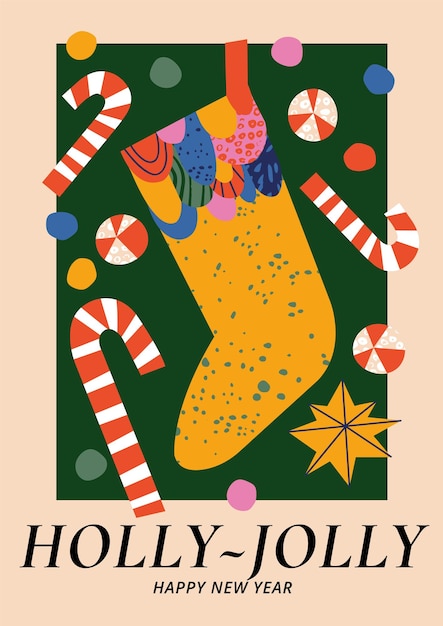 Cartel de arte de saludos navideños vectoriales con diferente decoración tradicional en un estilo moderno y contemporáneo