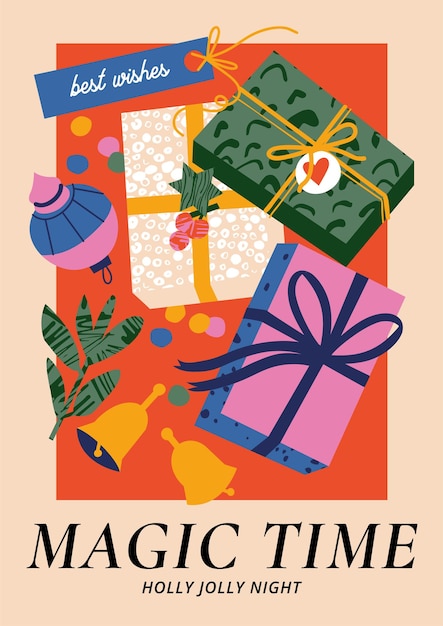 Cartel de arte de saludos navideños vectoriales con diferente decoración tradicional en un estilo moderno y contemporáneo