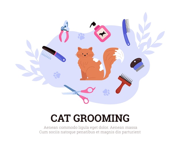 Cartel de aseo de gatos lindo gato con ilustración de vector plano de equipo de aseo sobre fondo blanco