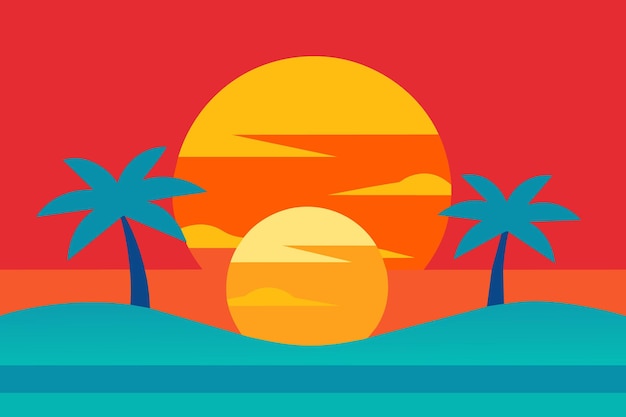 Vector un cartel para un atardecer con palmeras y una escena en la playa