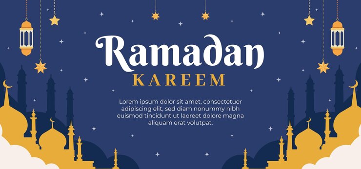 Un cartel azul y amarillo con un fondo estrellado y la palabra Ramadán en blanco