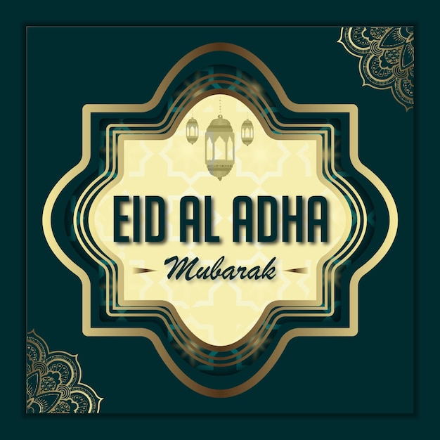 Vector un cartel azul y dorado para eid al adha mubarak.