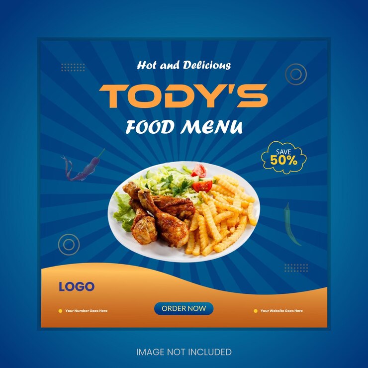 Un cartel azul para los eventos comida y el menú dice comida de hoy y buena comida