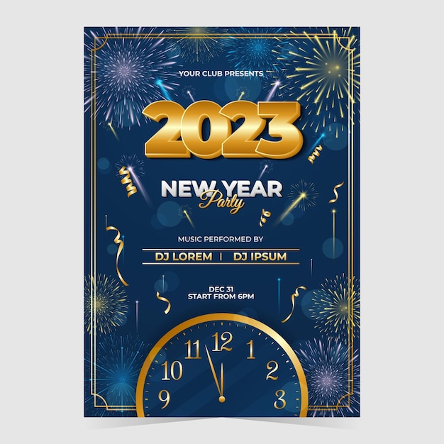 un cartel azul para la fiesta de víspera de Año Nuevo con fuegos artificiales y un reloj