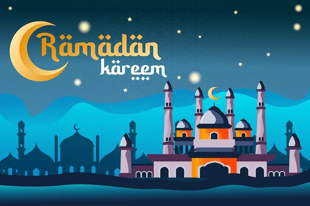 Vector un cartel azul y naranja con una mezquita y las palabras ramadan kareem en él