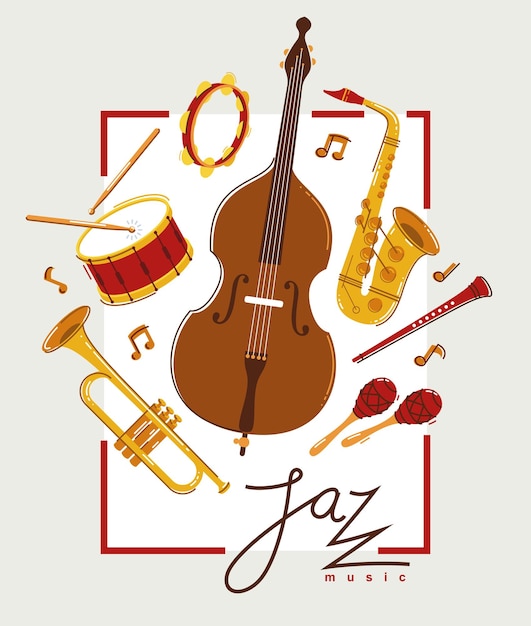 Cartel de banda de música de jazz diferentes instrumentos ilustración plana vectorial sonido en vivo festival o concierto publicidad volante o pancarta tocar diferentes instrumentos orquesta
