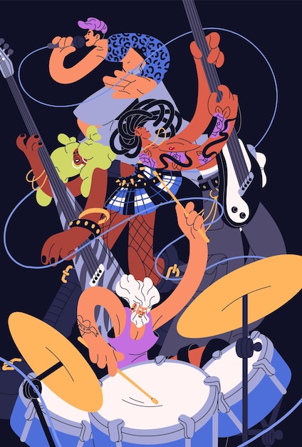 Cartel de una banda de rock moderna Un grupo de músicos toca instrumentos musicales juntos Un cantante canta una canción con un micrófono Artistas interpretan con guitarras batería Artistas en conciertos en vivo Ilustración vectorial plana
