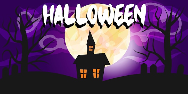 Cartel de banner con silueta de luna casa espeluznante inscripción de Halloween cartel de paisaje