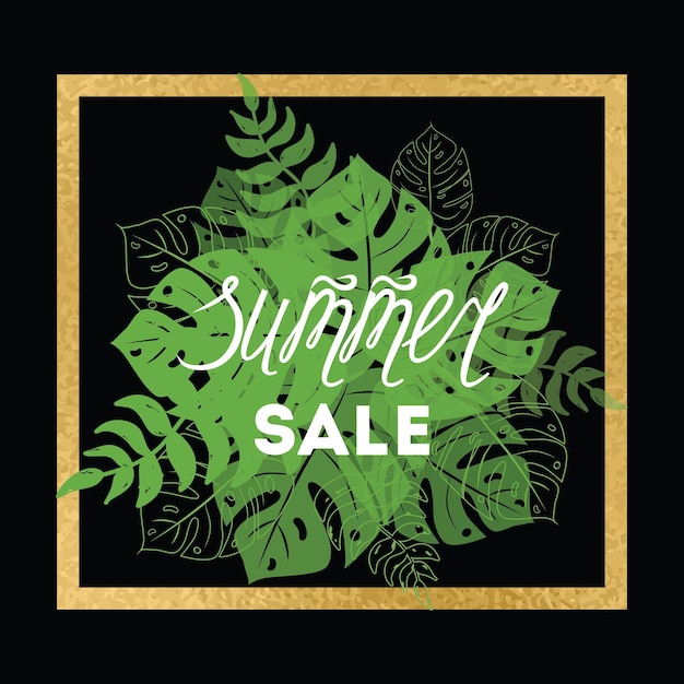 Cartel de banner de venta de verano de vector con hojas tropicales hoja de selva decorada marco dorado sobre fondo negro Hermoso diseño de verano tropical