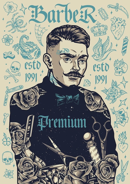 Cartel de barbería vintage con peluquero de bigote elegante y diferentes tatuajes monocromáticos