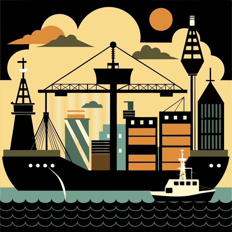 Vector un cartel para un barco y un barco con un puente en el fondo