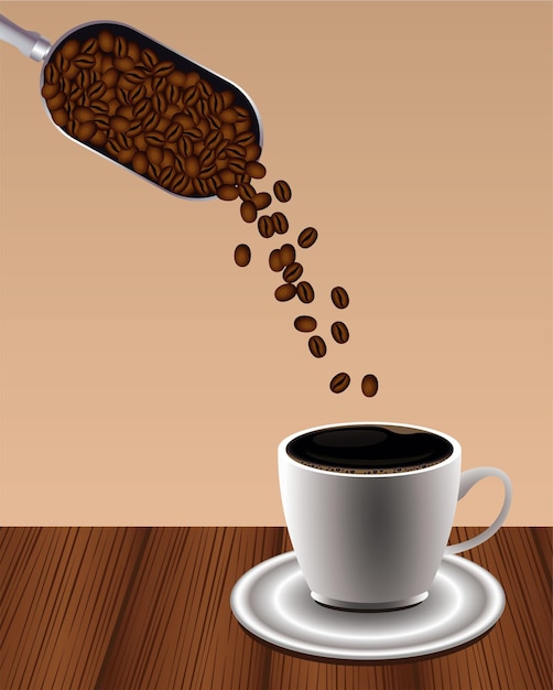 Cartel de bebida de café delicioso con taza y cuchara de pala de semillas