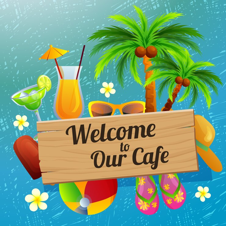 Cartel de bienvenida cafe beach holiday