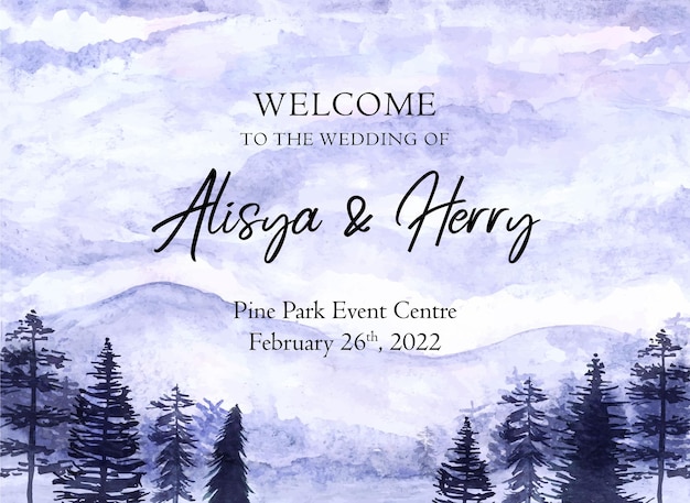 Cartel de bienvenida para la fiesta de bodas con paisaje de acuarela bosque y montaña