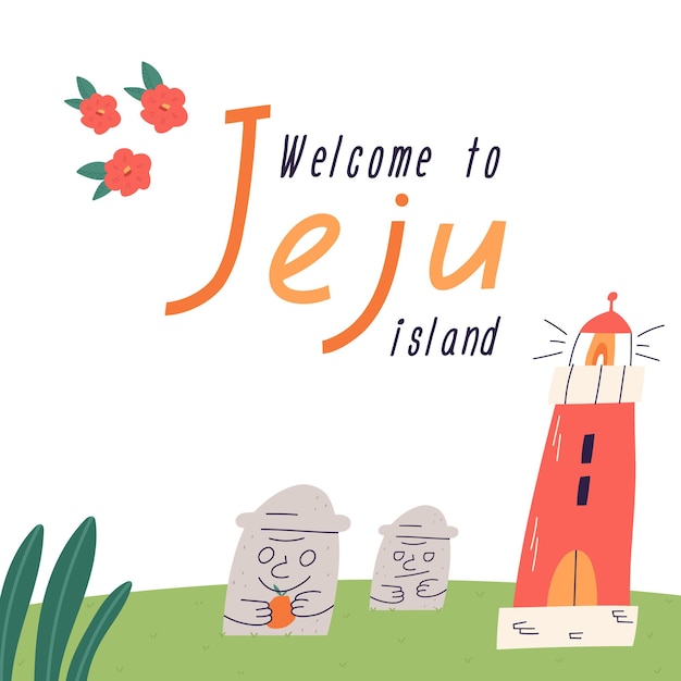 Cartel de bienvenida de la isla de jeju con faro y dibujos animados de piedra de hareuband ilustración vectorial plana