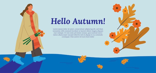 Cartel de bienvenida de otoño con una chica con una gabardina y flores y hojas de otoño