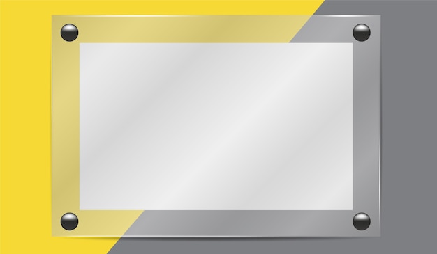 Cartel en blanco en marco de vidrio realista 3d sobre fondo gris amarillo