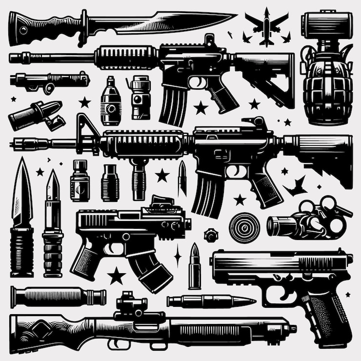 Vector un cartel en blanco y negro de armas y armas