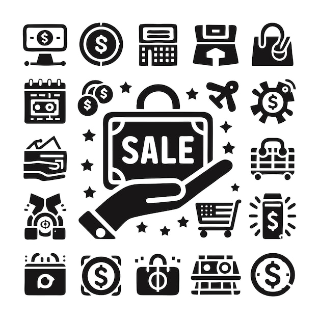un cartel en blanco y negro con una mano sosteniendo una bolsa de venta