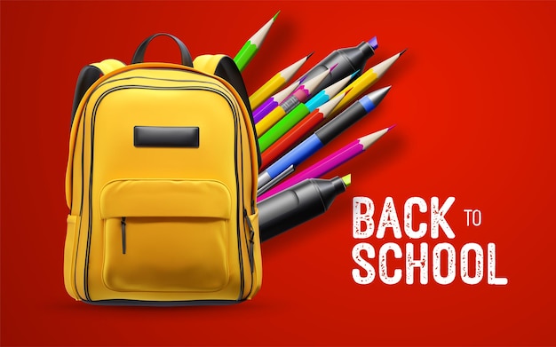 Cartel blanco de regreso a la escuela con mochila escolar amarilla y material de papelería aislado sobre fondo rojo.
