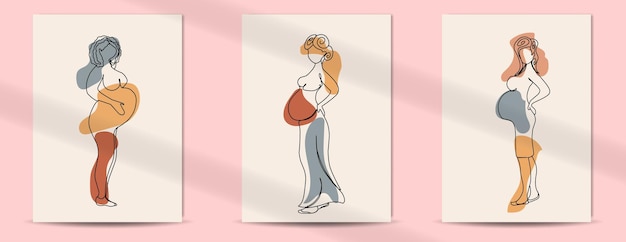 Cartel de boho de estilo de arte de línea de mujeres embarazadas para el día de la madre y el día de la mujer