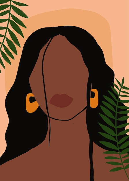 Cartel boho moderno con mujer negra y hojas de palma Papel tapiz femenino de moda