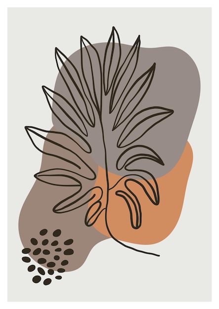 Cartel botánico abstracto con una hoja de palma dibujada a mano formas orgánicas y tonos terrenales pared moderna