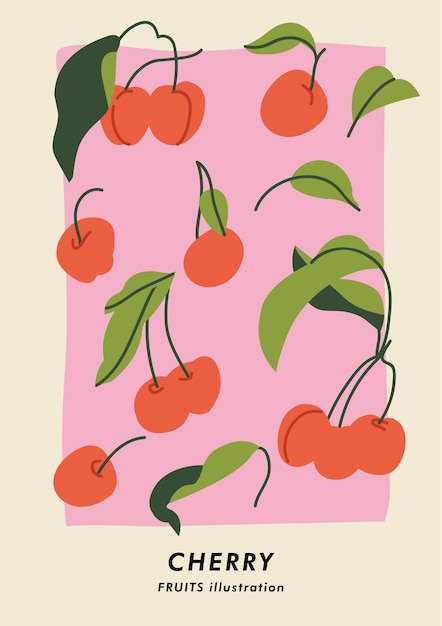 Cartel botánico de ilustración vectorial con frutas de cereza arte para postales arte de pared banner fondo y cubierta