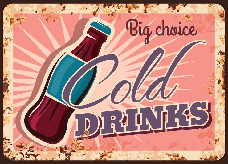 Vector cartel de botella de refresco de placa de metal oxidado de bebidas frías