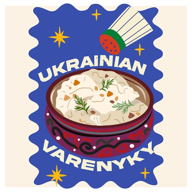 Un cartel brillante en estilo retro cocina tradicional ucraniana Borscht varenyky ucraniano con cebolla