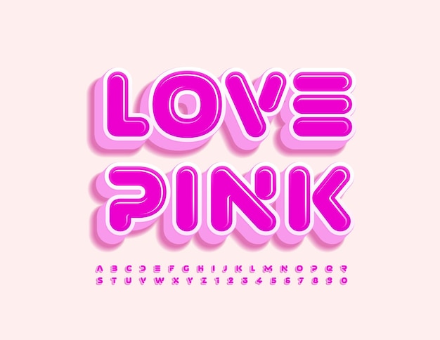 Cartel brillante de vector love pink 3d cute font conjunto de letras y números del alfabeto isométrico único