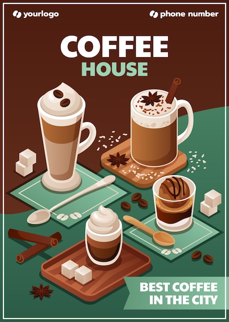 Cartel de café en vista isométrica