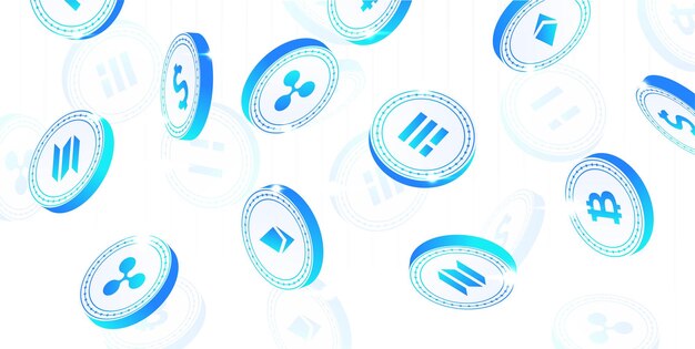 Cartel de caída de monedas criptográficas Tecnología Blockchain comercio e inversión Litecoin bitcoin y dólar Alfabetización financiera e ingresos pasivos Ilustración vectorial isométrica de dibujos animados