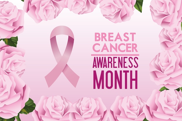 Cartel de la campaña del mes de concientización sobre el cáncer de mama con marco de cinta rosa y rosas
